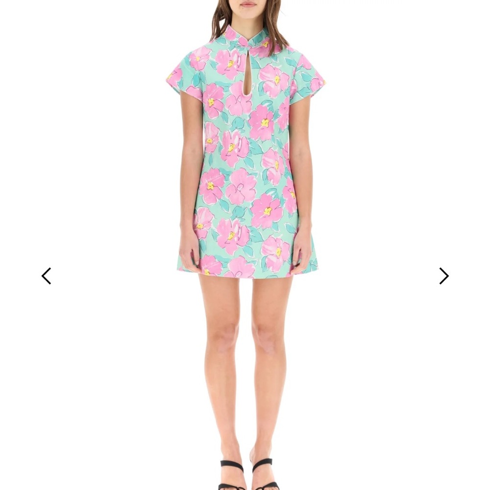 RIXO Mint Green Floral Midi Dress with Pink Blossoms